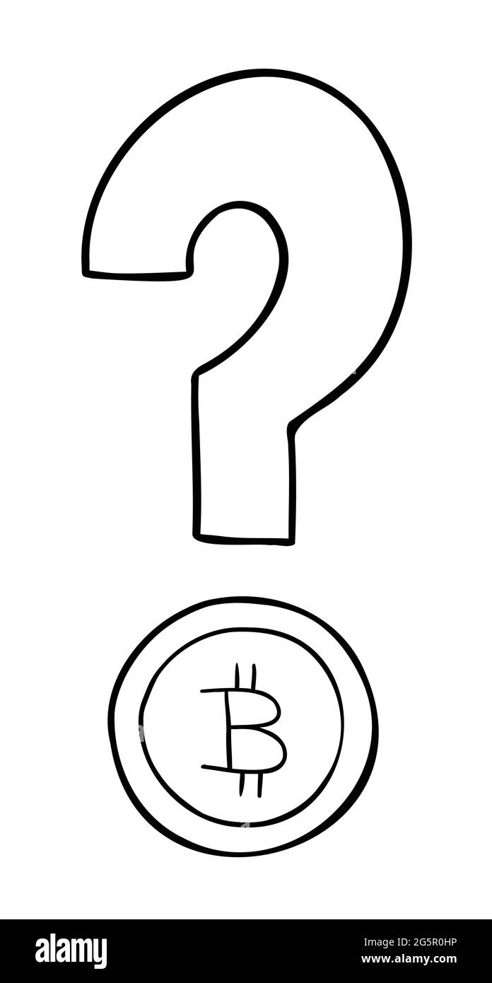 Illustrazione vettoriale cartoon del punto interrogativo con moneta di bitcoin. Contorno nero e colore bianco. Illustrazione Vettoriale