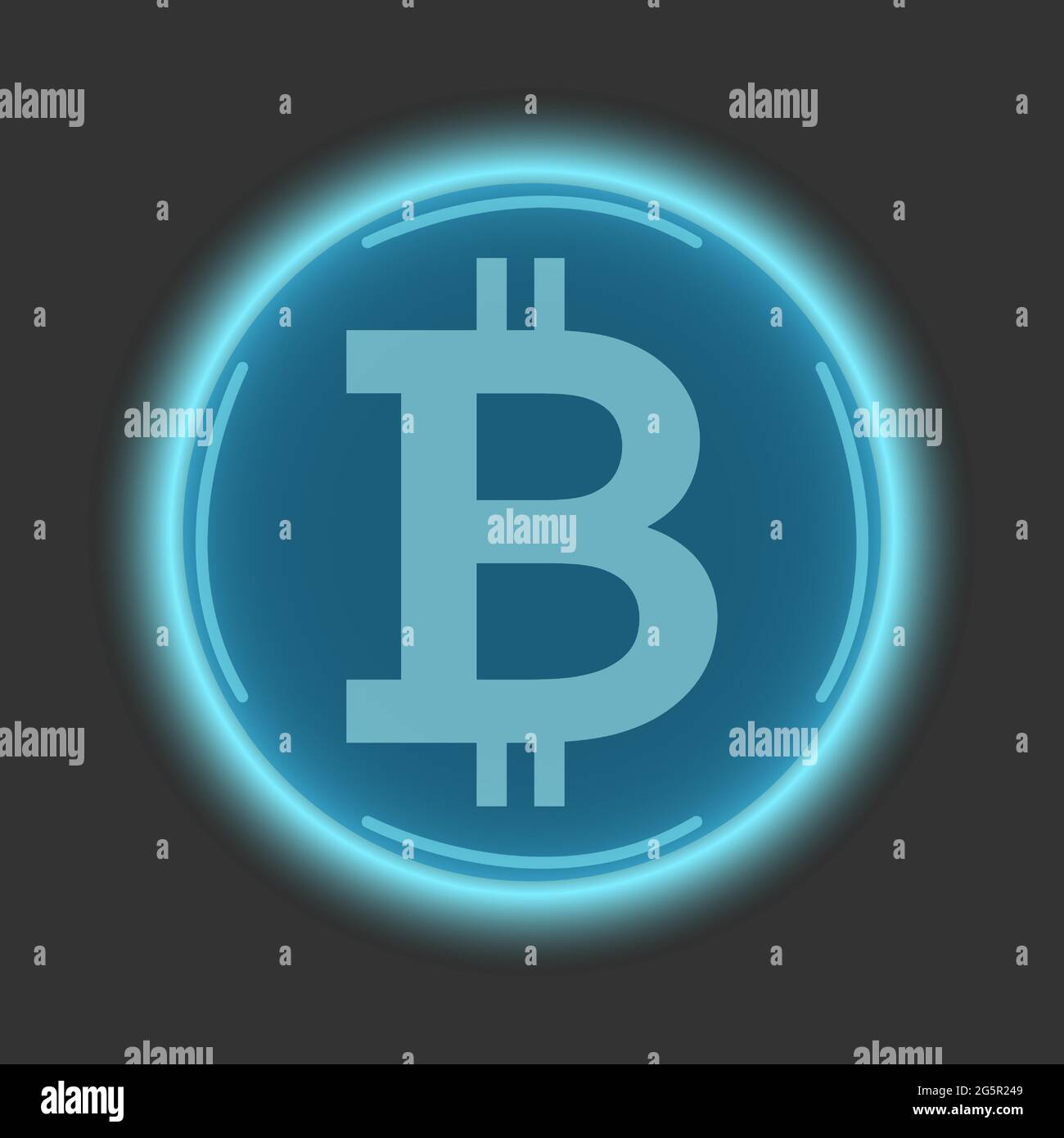 Pulsante bitcoin blu su sfondo scuro. Rendering 3D. Tecnologia Blockchain, valuta digitale del futuro. Illustrazione vettoriale. Illustrazione Vettoriale