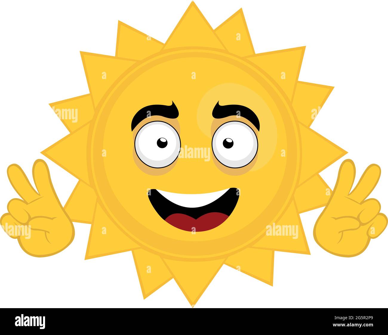 Illustrazione vettoriale di fumetto personaggio emoticon del sole facendo un gesto con le mani del simbolo di amore e pace o vittoria v Illustrazione Vettoriale