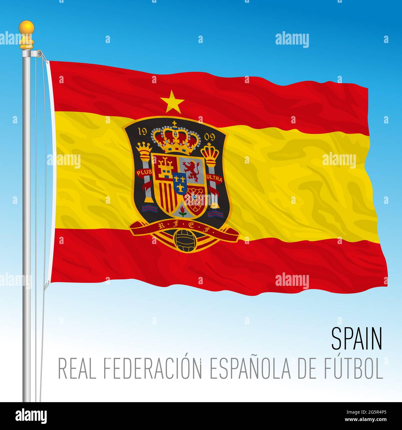 MADRID, SPAGNA, giugno 2021 - bandiera spagnola con logo nazionale della federazione calcistica per il campionato europeo 2021 Foto Stock