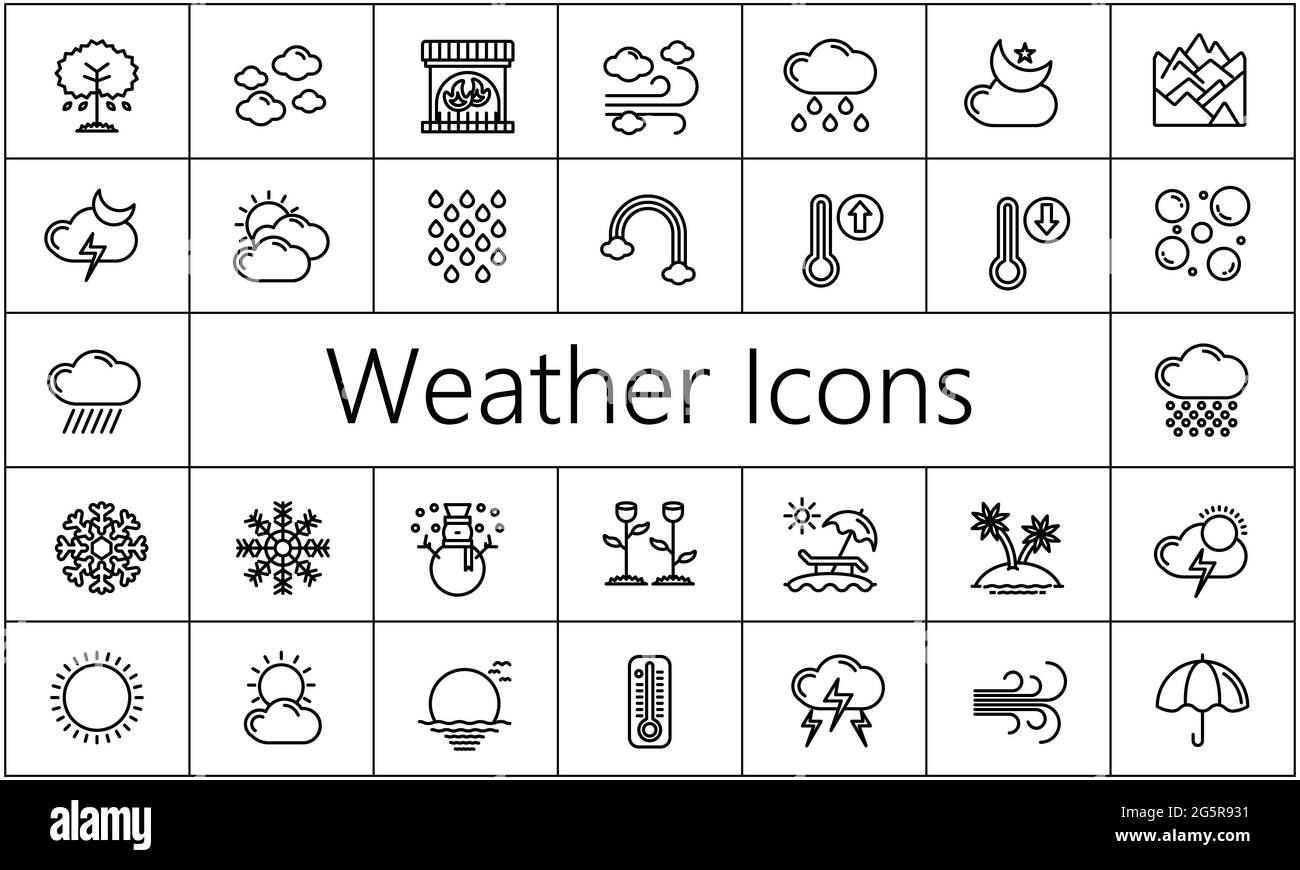 Pacchetto icone meteo. Elementi di progettazione delle previsioni meteo, isolati su sfondo bianco. Contiene icone del sole, nuvole, fiocchi di neve, vento e molto altro. Illustrazione Vettoriale