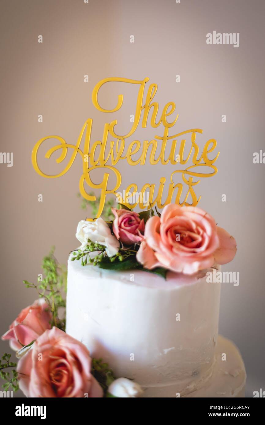 Splendida torta di nozze a tema di viaggio personalizzato con mappa del mondo commestibile, rose rosa e messaggio l'avventura inizia Foto Stock