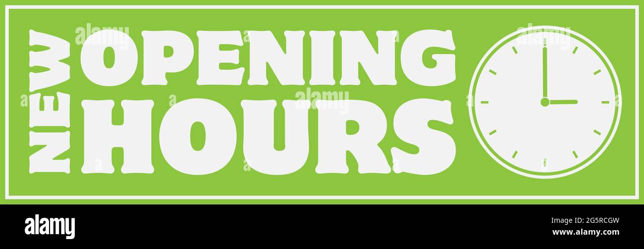 NUOVO CARTELLO O adesivo DELLE ORE DI APERTURA con icona dell'orologio, illustrazione vettoriale Illustrazione Vettoriale