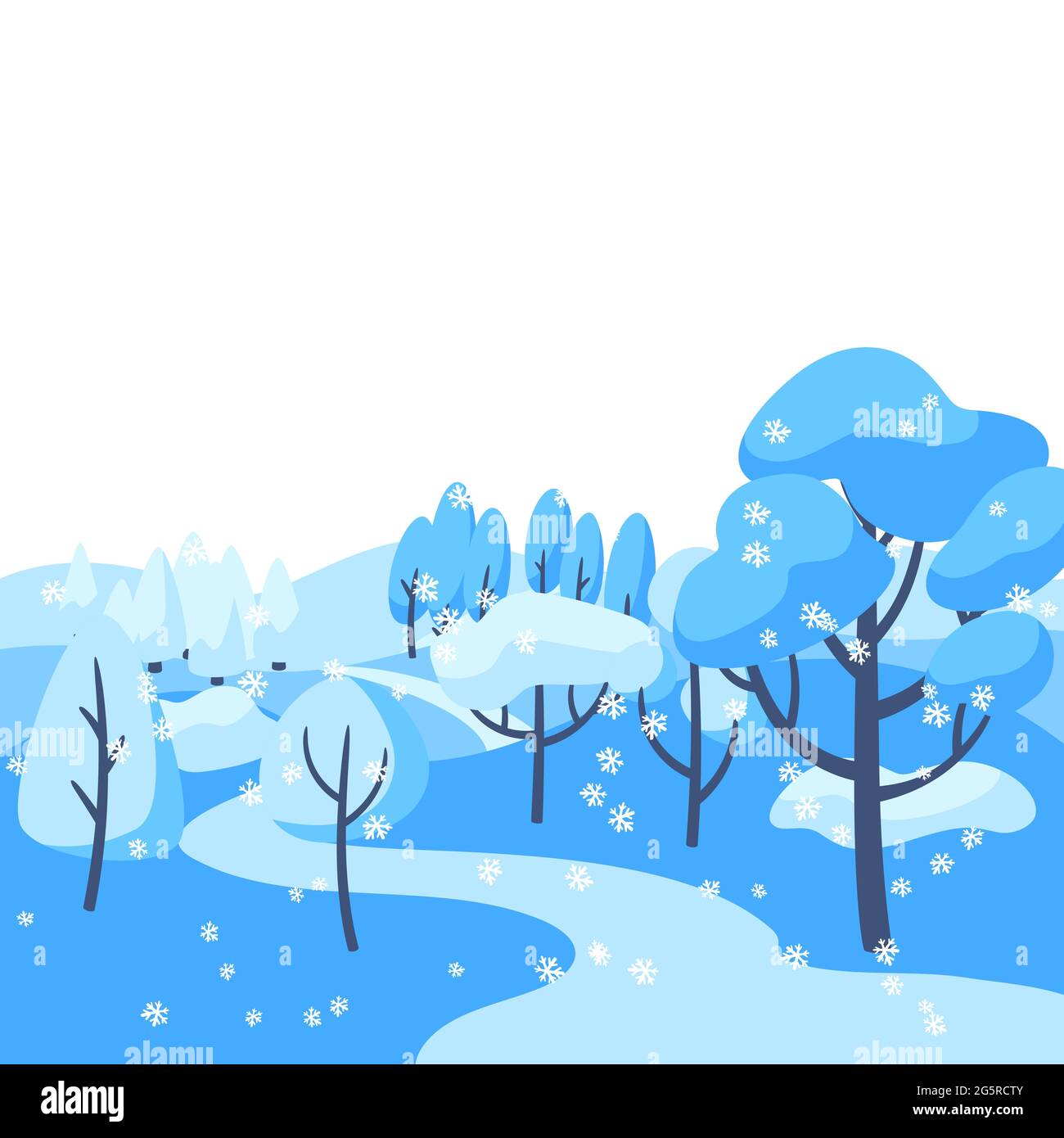 Paesaggio invernale con foresta, alberi e cespugli. Illustrazione Vettoriale