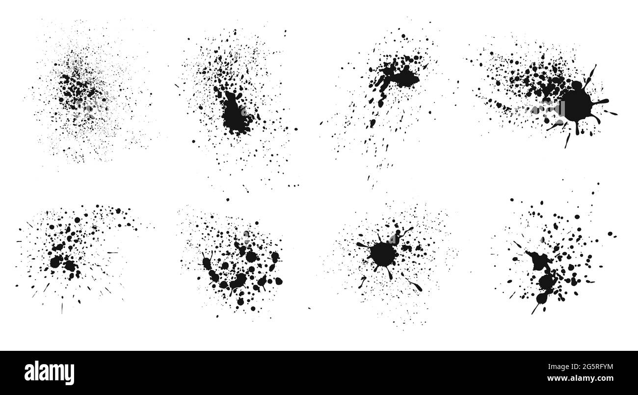 Schizzi di inchiostro. Spruzzi di grunge spruzzi di vernice. Macchie di vernice liquida nera, gocce d'inchiostro in caduta, macchie. Set vettoriale di tessitura di macchie astratte. Gocce di graffiti, fuoriuscite di pennello Illustrazione Vettoriale