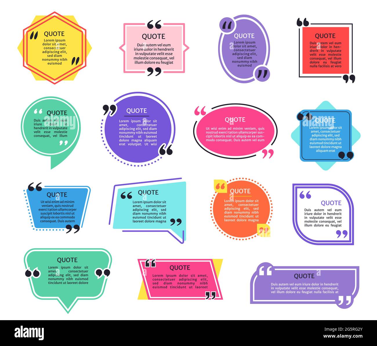 Caselle di preventivo. Virgolette colorate con virgolette. Finestra di dialogo a comparsa, tag informativo, messaggio di testo, set di vettori di modelli di frame di testo. Forme ovali, quadrate, rettangolari ed esagonali Illustrazione Vettoriale