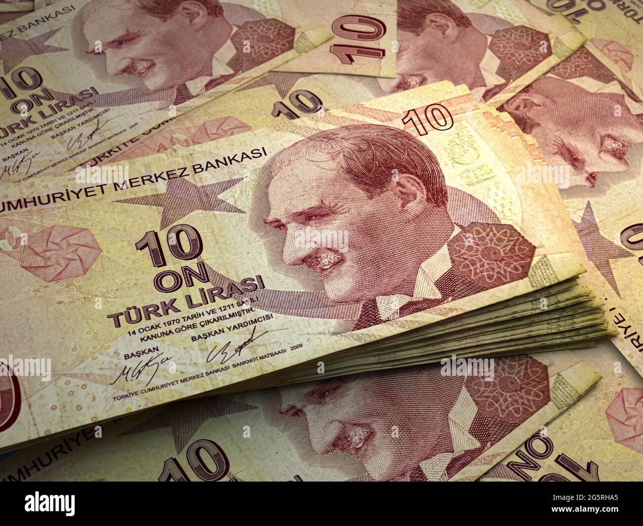 Denaro della Turchia. Lira turche fatture. PROVARE le banconote. 10 liralare. Affari, finanza, notizie di fondo. Foto Stock