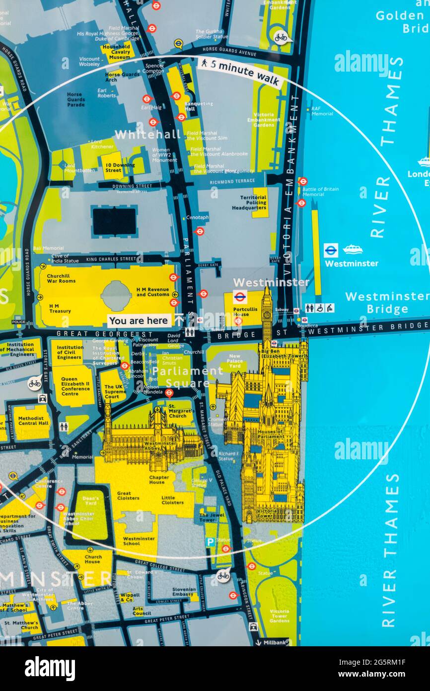 Inghilterra, Londra, Westminster, Mappa della strada che mostra le Camere del Parlamento e l'Abbazia di Westminster e l'area circostante Foto Stock