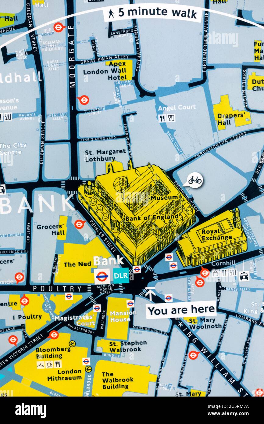 Inghilterra, Londra, Città di Londra, Mappa della strada che mostra la Banca d'Inghilterra e l'area circostante Foto Stock