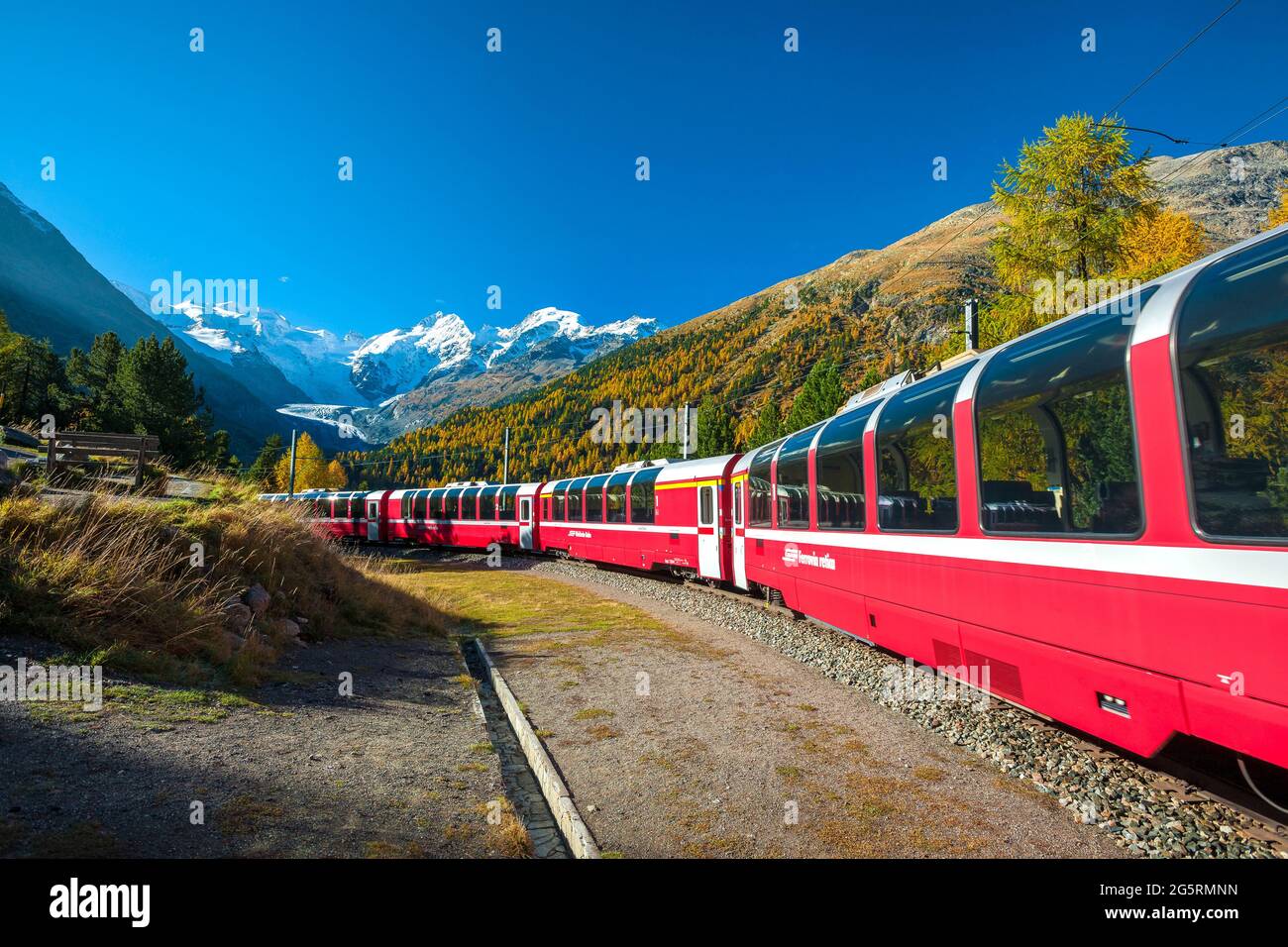 Morteratsch, Gletscher, Rhätische Bahn, Berninaexpress, Herbst, Engadin, Graubünden Foto Stock