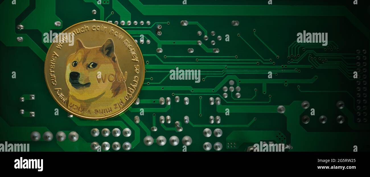 Dogecoin d'oro. Criptovaluta dogecoina. Criptovaluta Doge. Foto Stock