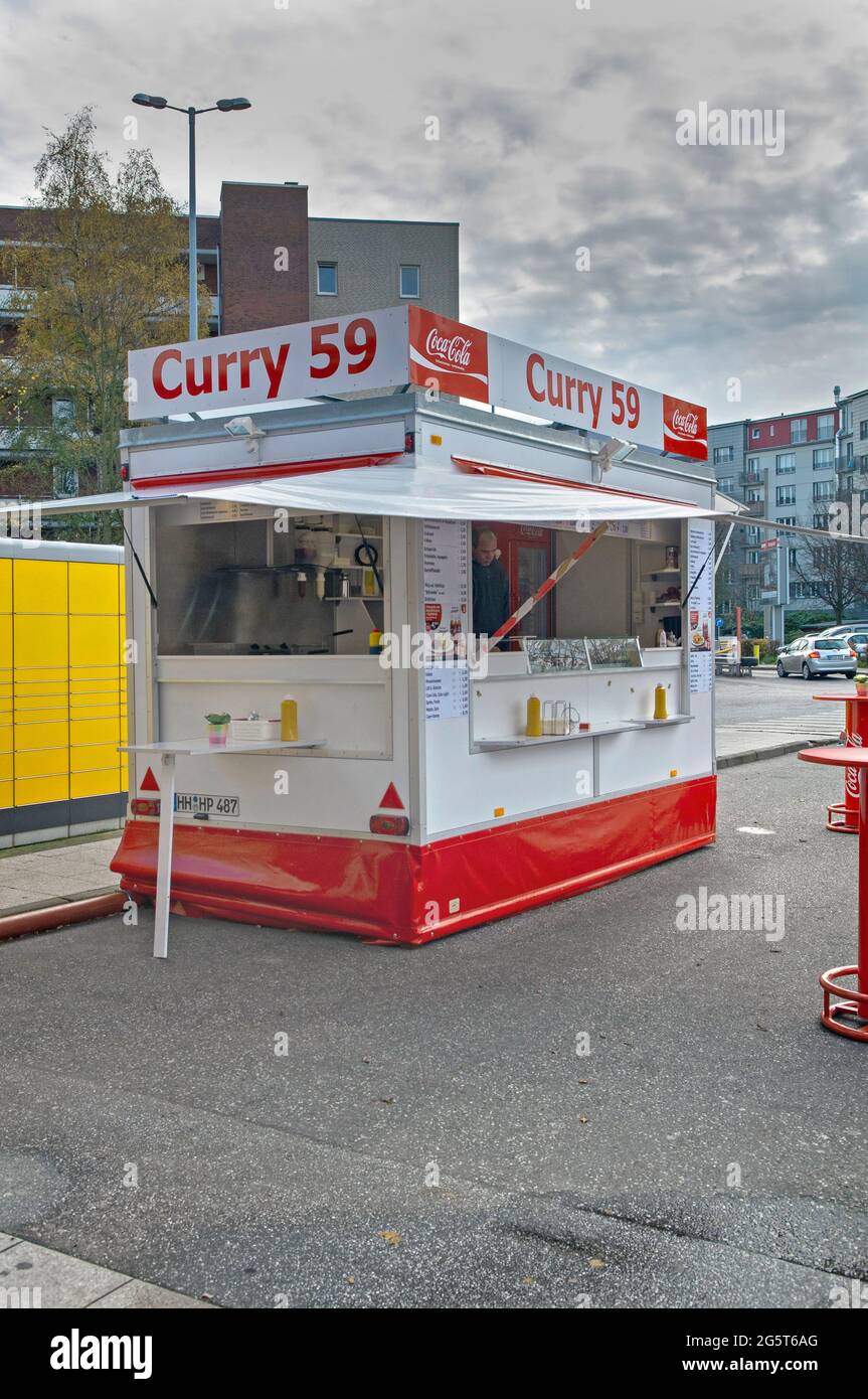 Take-away Curry 59 in un parcheggio ad Altona, Germania, Amburgo Foto Stock