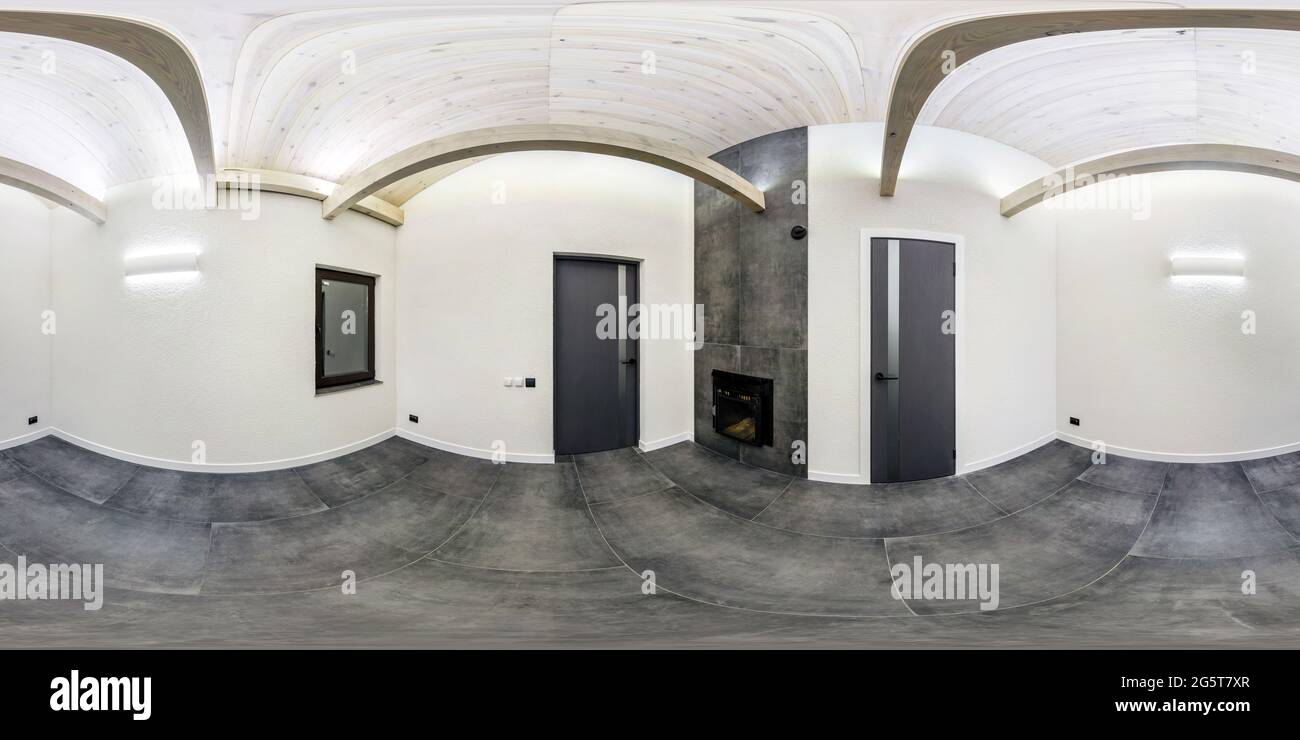 panorama hdri completamente senza giunture angolo 360 in camera vuota bianca con piccola finestra e soffitto in legno travi in proiezione sferica equirettangolare.VR conte Foto Stock