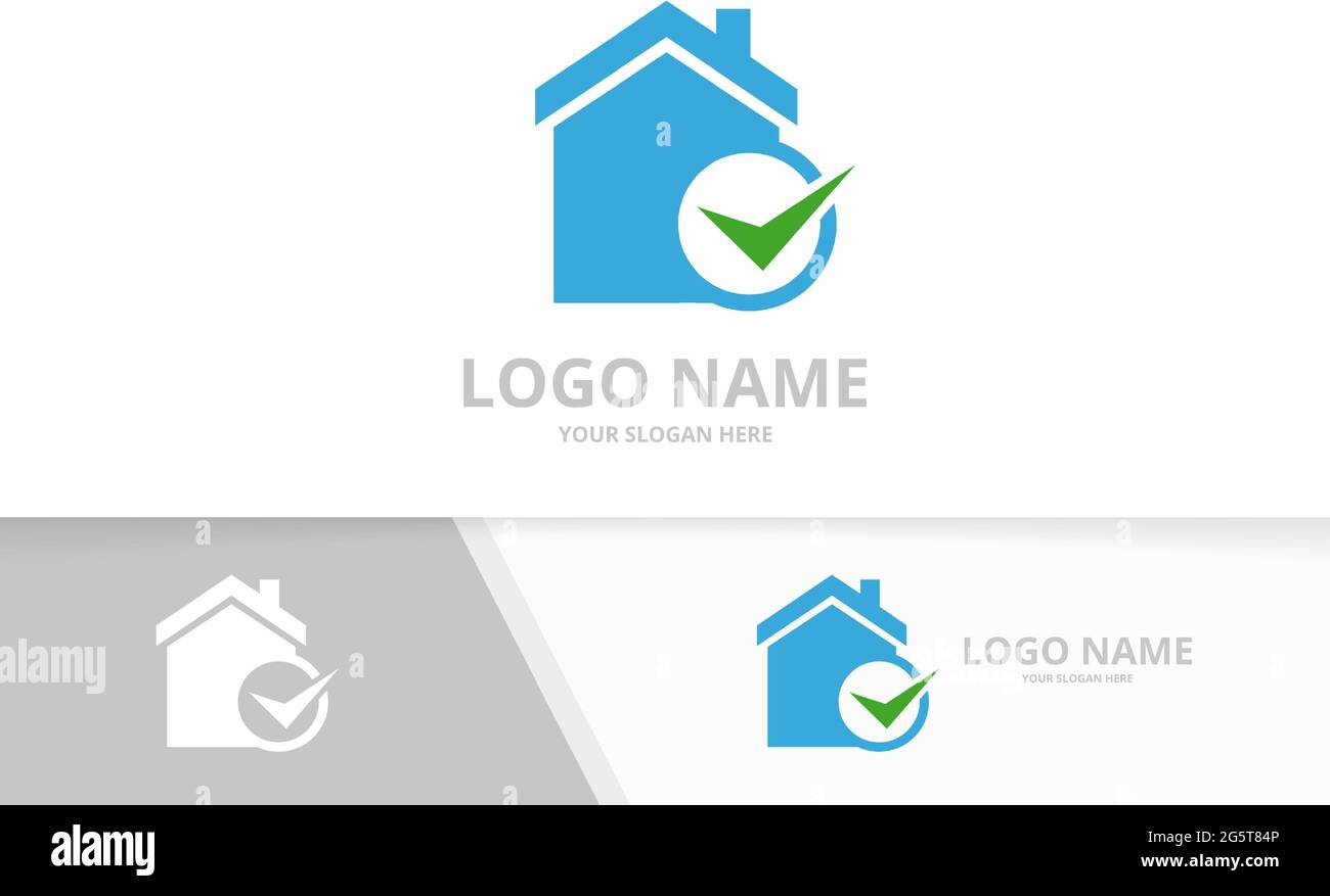 Combinazione di proprietà immobiliare vettoriale e logo tick. Modello di progetto logotipo casa e segno di spunta. Illustrazione Vettoriale