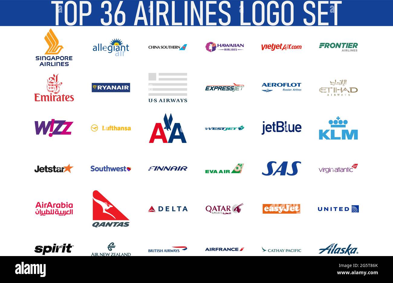 Set di logo di 36 compagnie aeree top del mondo. Illustrazione Vettoriale