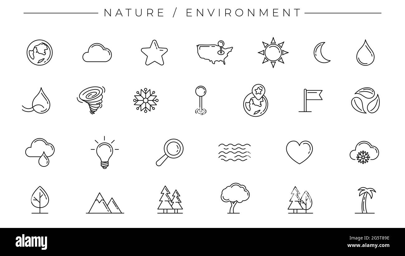 Set di icone vettoriali per lo stile della linea di concetto natura e ambiente Illustrazione Vettoriale
