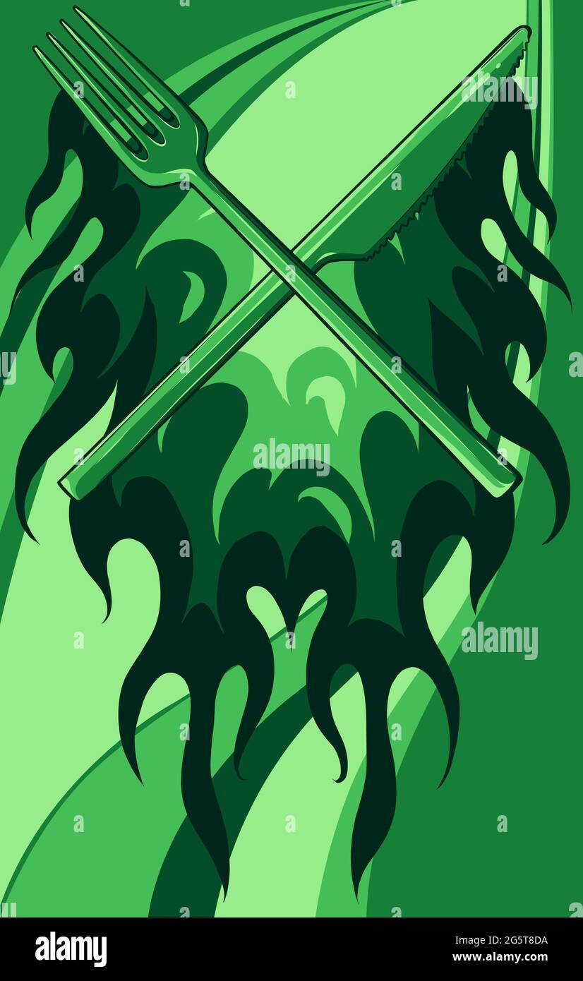 Illustrazione vettoriale Fork Knife Ristorante con fiamme Illustrazione Vettoriale