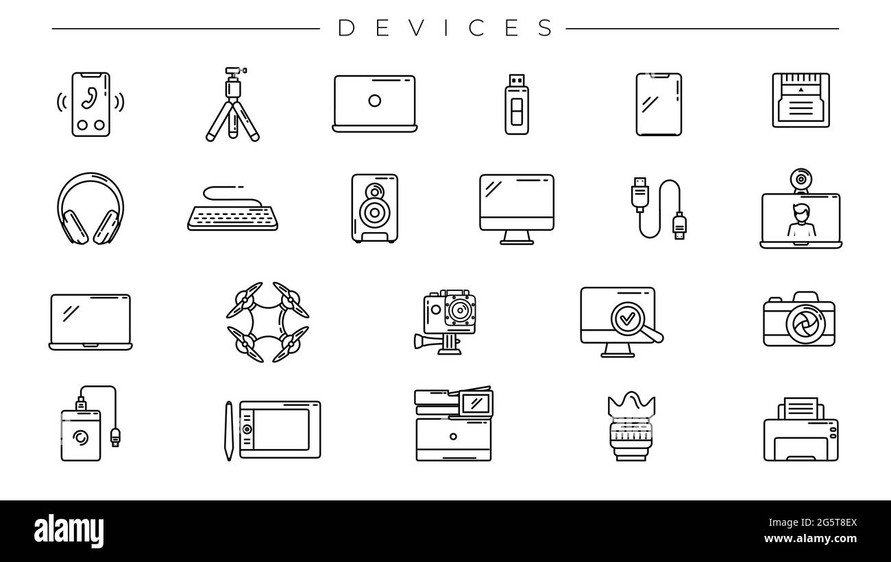 Set di icone vettoriali di stile linea di concetto dei dispositivi Illustrazione Vettoriale