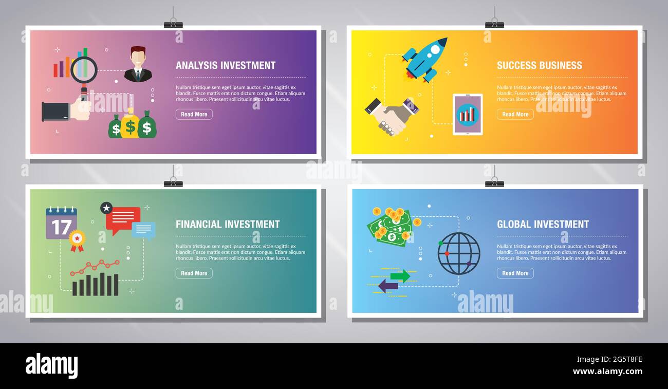 Modello di banner Web in vettore con icone di investimento di analisi, business di successo, investimenti finanziari, investimenti globali. Icone di progettazione piatta in vec Illustrazione Vettoriale