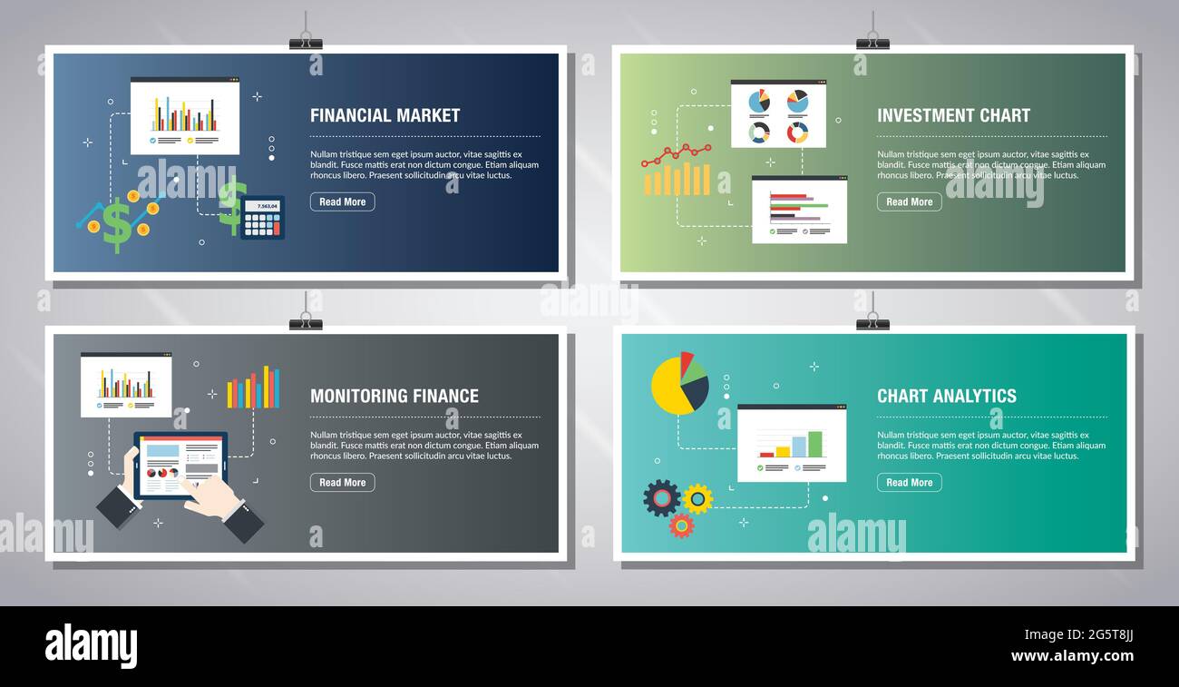 Modello di banner Web in vettore con icone di mercato finanziario, grafico degli investimenti, monitoraggio finanziario e analisi dei grafici. Icone di disegno piatto nel vettore i Illustrazione Vettoriale