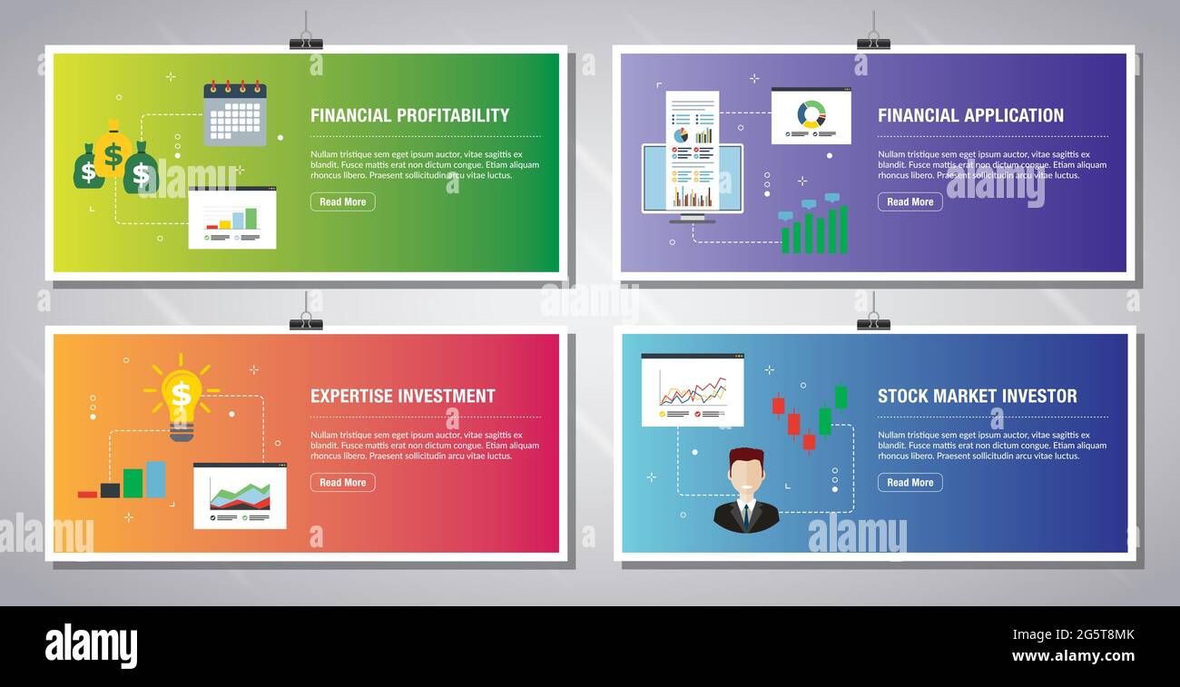 Modello di banner Web in vettore con icone di redditività finanziaria, applicazione finanziaria, investimenti di competenza e investitori di borsa. Piatto desi Illustrazione Vettoriale