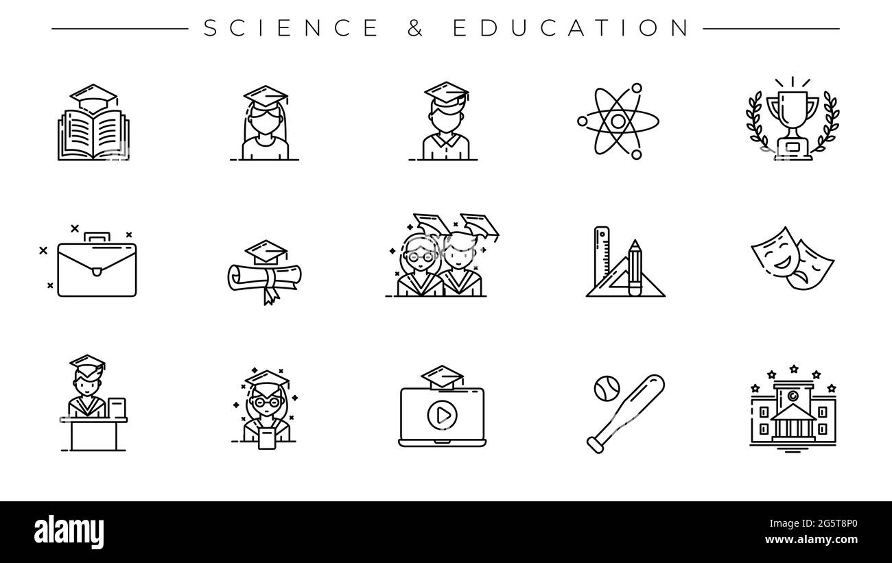 Set di icone vettoriali per lo stile della linea del concetto di scienza e istruzione. Illustrazione Vettoriale