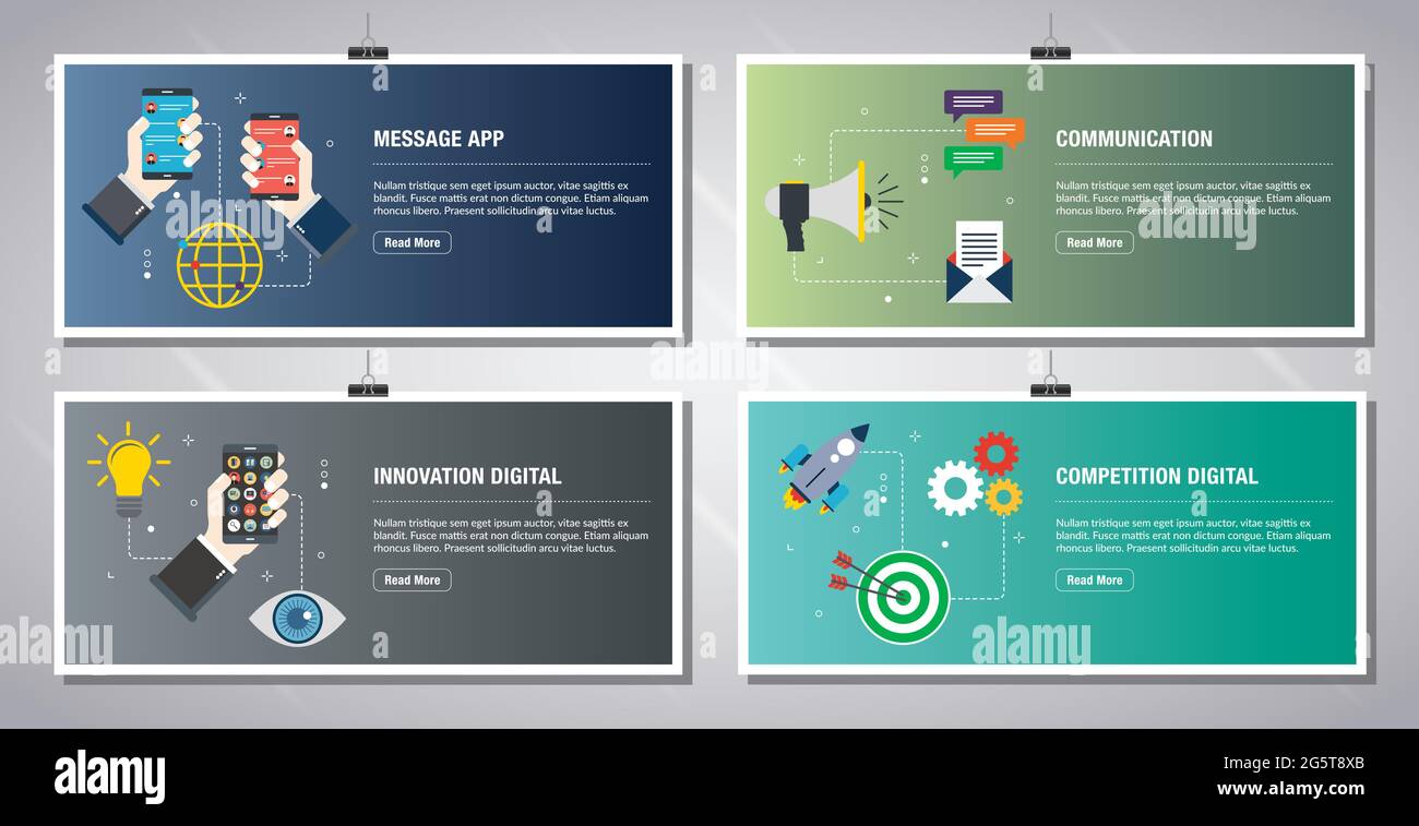 Modello di banner Web in vettore con icone di applicazione messaggi, comunicazione, innovazione digitale, concorrenza digitale. Icone di disegno piatto in Vector Illustra Illustrazione Vettoriale