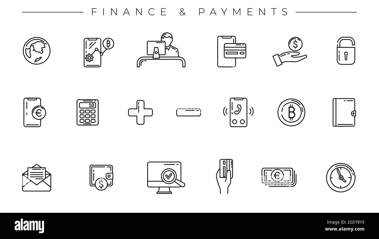 Set di icone vettoriali per lo stile della linea del concetto di finanza e pagamenti. Illustrazione Vettoriale
