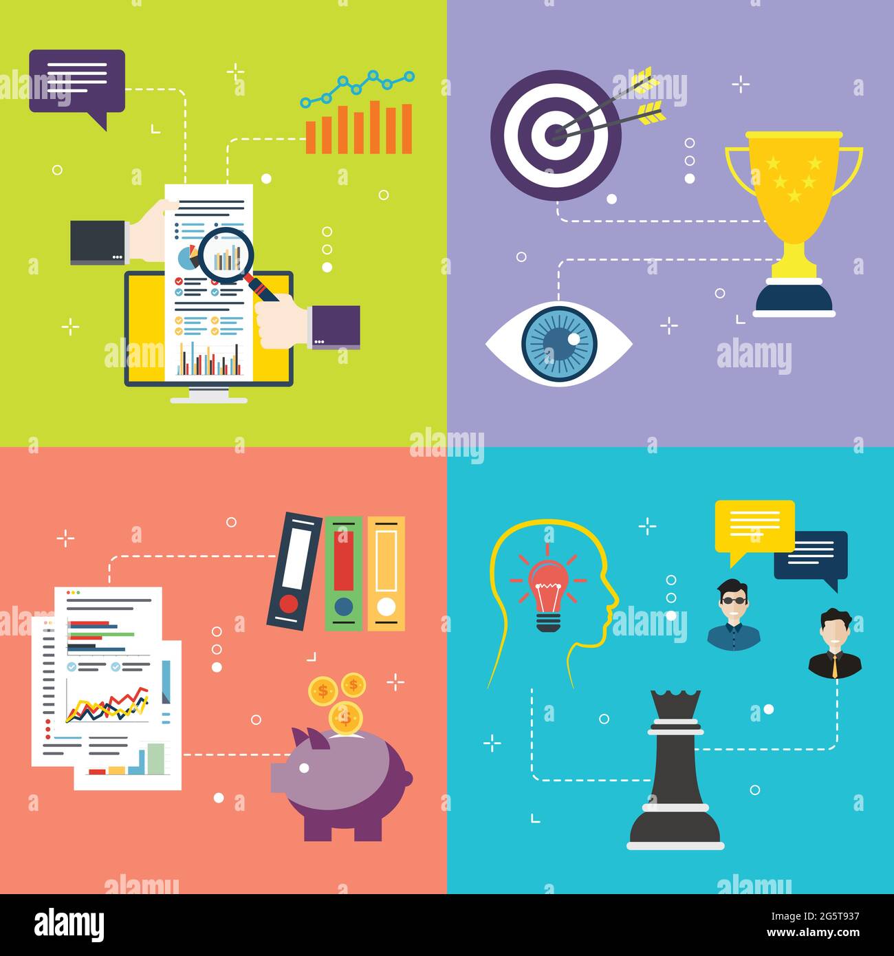 Business, investimenti, lavoro di squadra, successo, strategia e icone finanziarie. Concetti di mercato finanziario, successo del lavoro di squadra, investimenti aziendali e teamwor Illustrazione Vettoriale