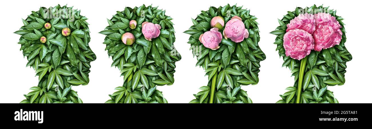 Lo sviluppo del cervello e la crescita della creatività rappresentata da una pianta fiorente formata come un organo di pensiero che cresce e fiorisce rappresentando l'educazione. Foto Stock