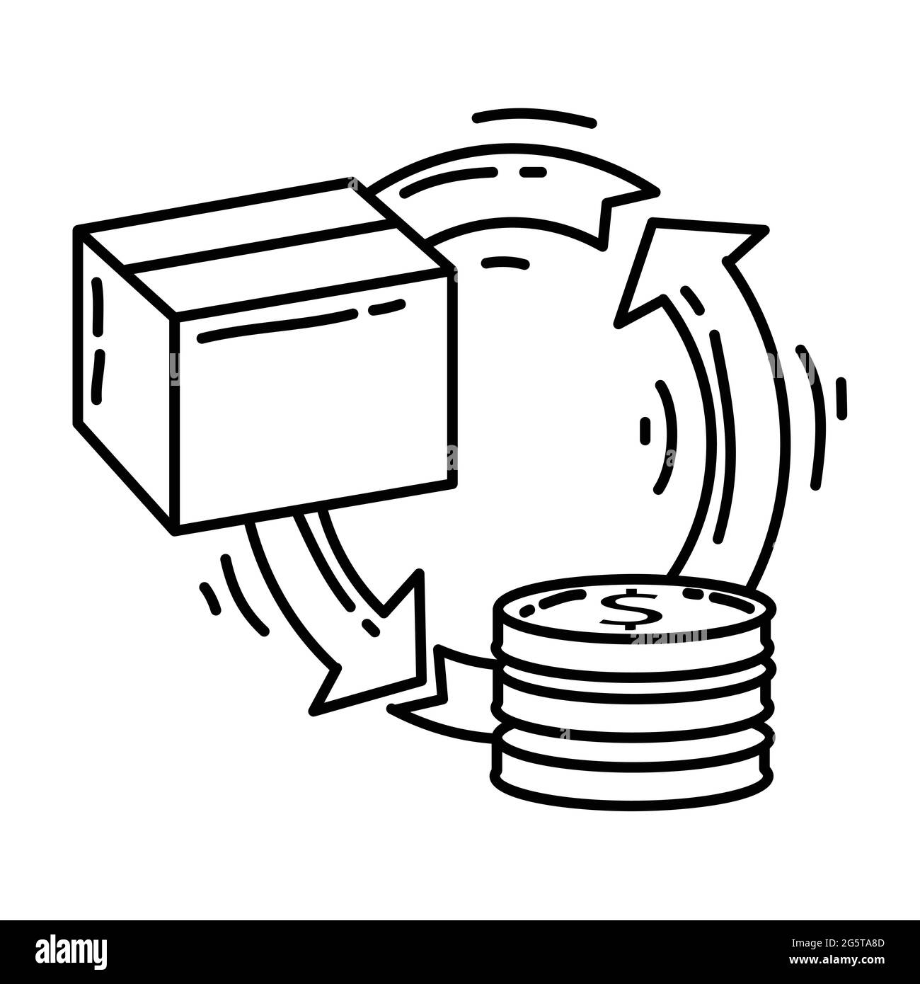 Rimborso eCommerce. Set di icone disegnate a mano, nero contorno, icona doodle, disegno di icone vettoriali. Illustrazione Vettoriale