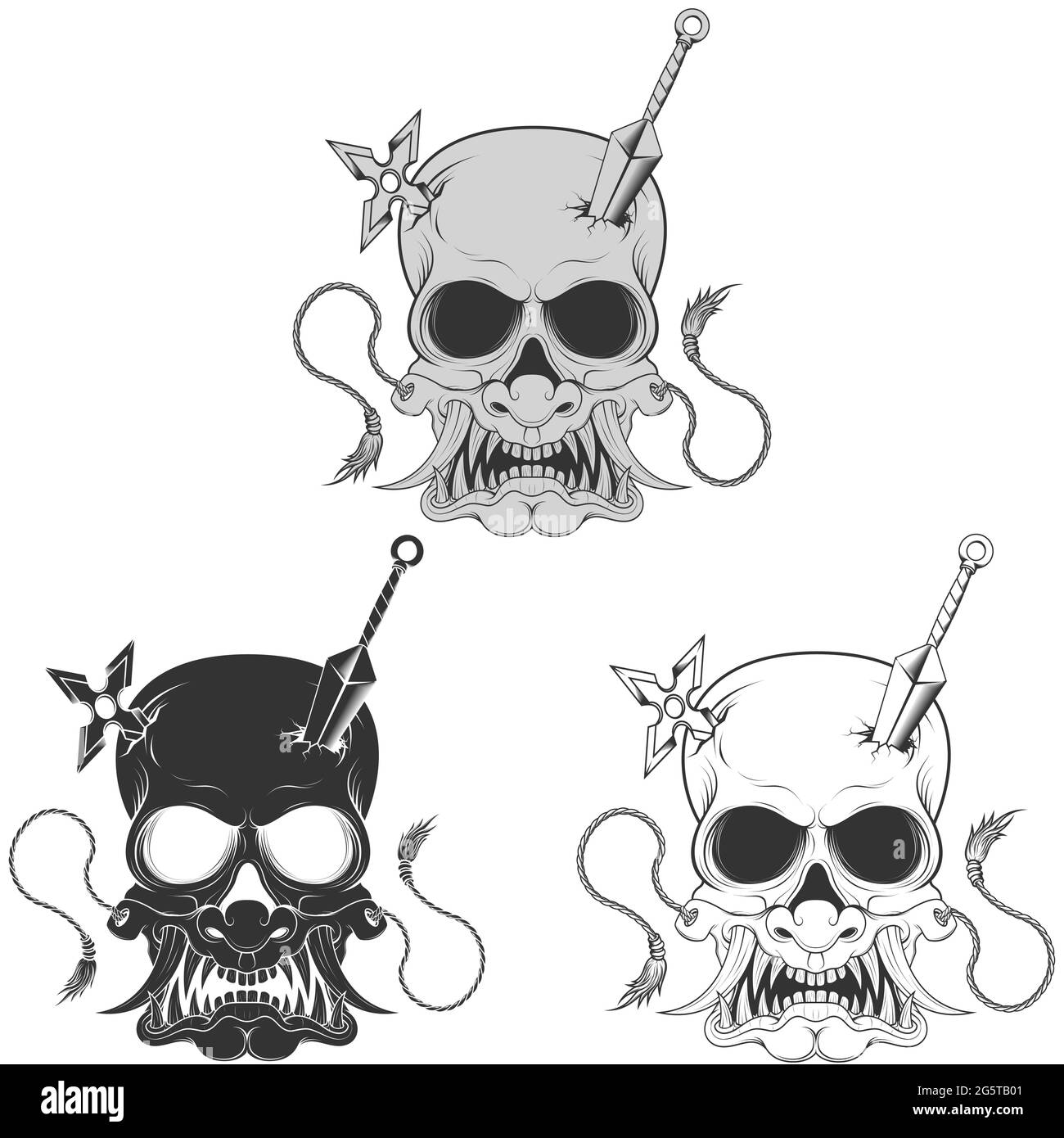 Disegno vettoriale del cranio ninja con maschera giapponese hannya, kunai e  shuriken, scala di grigi, bianco e nero Immagine e Vettoriale - Alamy
