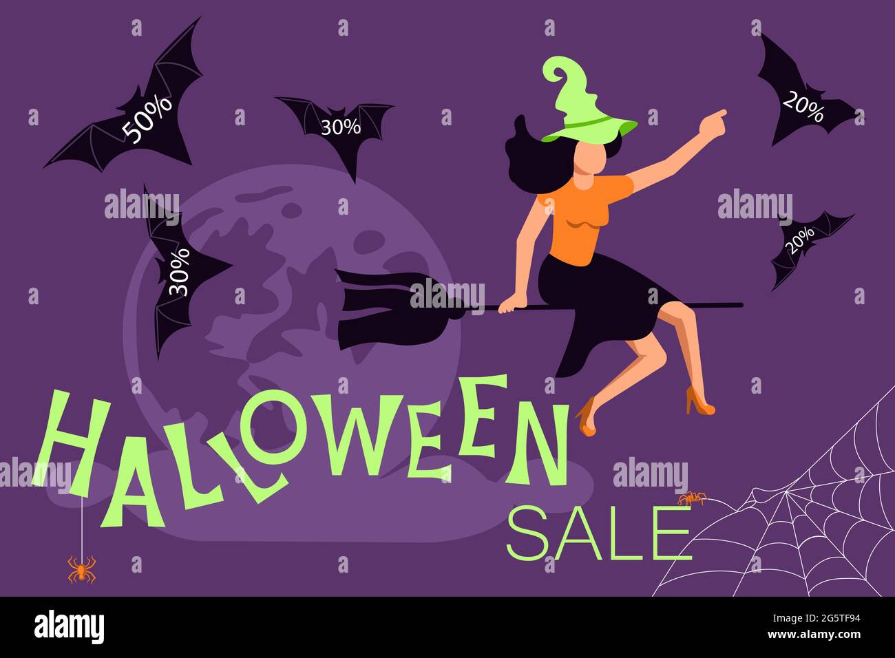 Banner di vendita di Halloween. Vendite donna strega volando su una scopa e lasciando andare di pipistrelli con sconti. Illustrazione grafica piatta Foto Stock