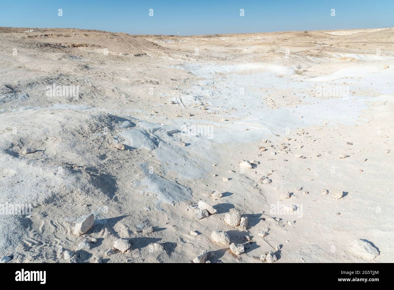 Bellissimo paesaggio lunare. Alture e dolci colline in varie forme in un paesaggio desertico. Le rocce bianche, arrotondate, tortuose e lisce di gesso. Israele. Foto di alta qualità Foto Stock