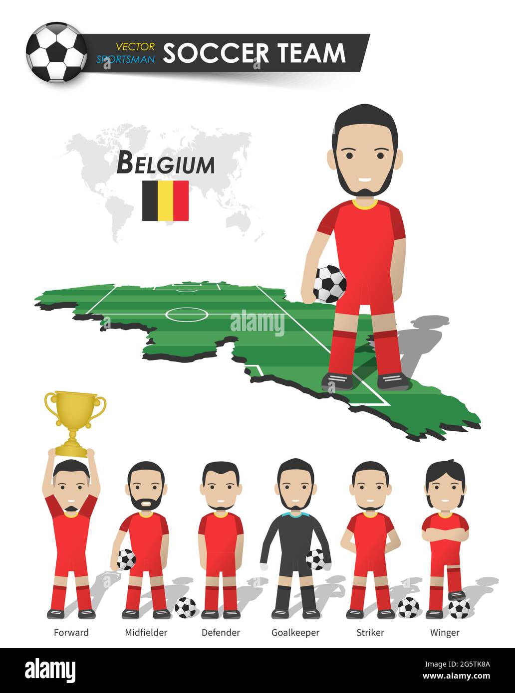 Squadra nazionale belga di calcio. Giocatore di calcio con maglia sportiva stand su prospettiva campo mappa paese e mappa del mondo . Serie di posizioni del calciatore Illustrazione Vettoriale