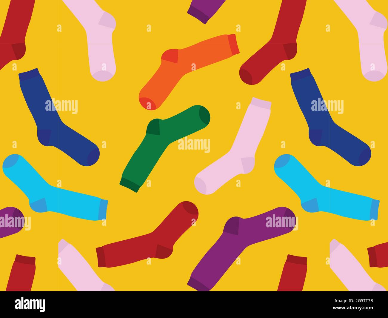Calze multicolore su sfondo giallo. Vista dall'alto. Molti calze differenti per le stagioni fredde. I calzini sono sparsi su uno sfondo luminoso. Illustrazione Vettoriale