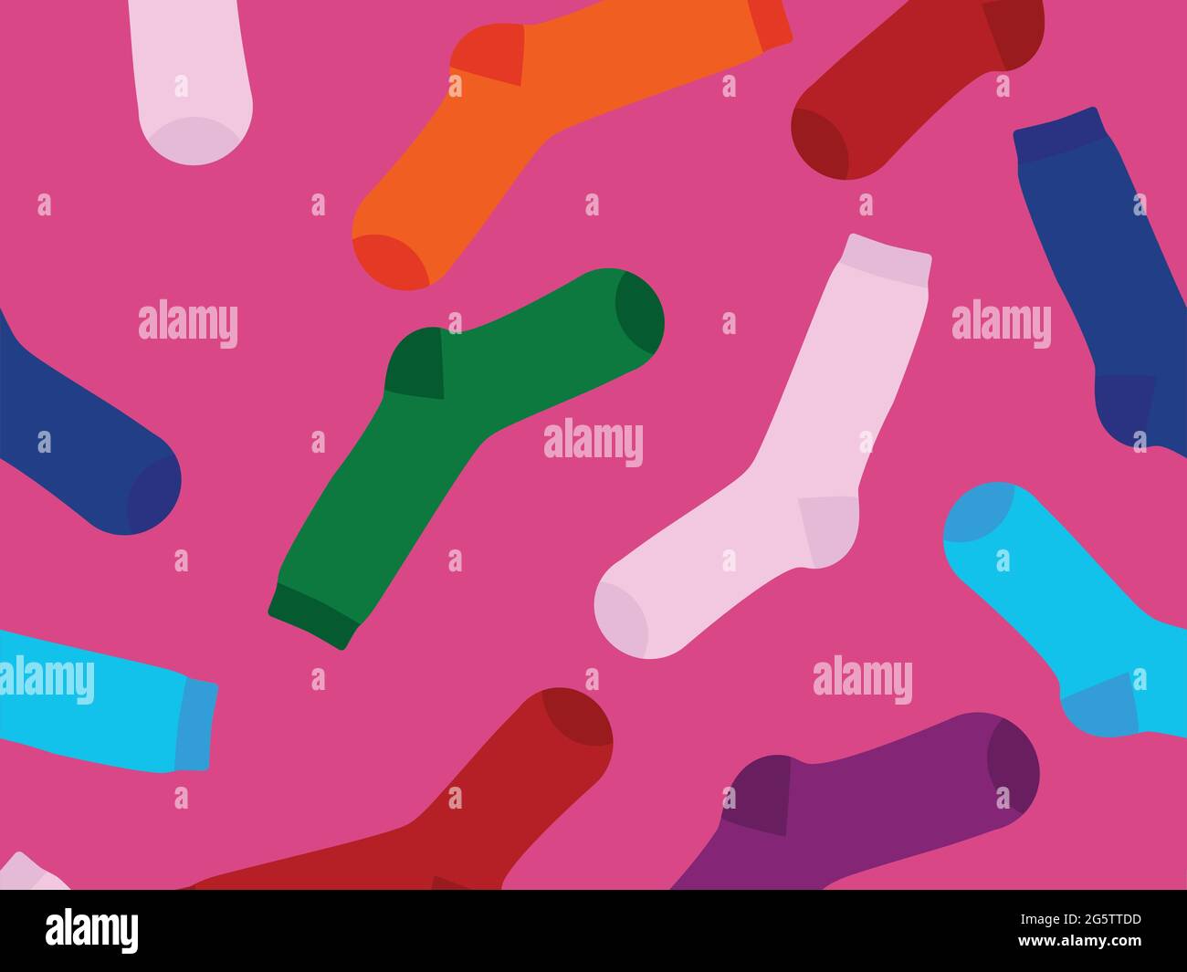 Calze multicolore su sfondo rosa, motivo. Vista dall'alto. Molti calze differenti per le stagioni fredde. I calzini sono sparsi su uno sfondo luminoso. Illustrazione Vettoriale