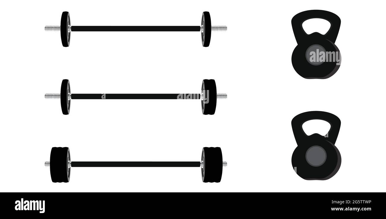 Manubrio nero e vettore kettlebell set. Sport fitness center. Peso attrezzatura di formazione del concetto. Illustrazione Vettoriale