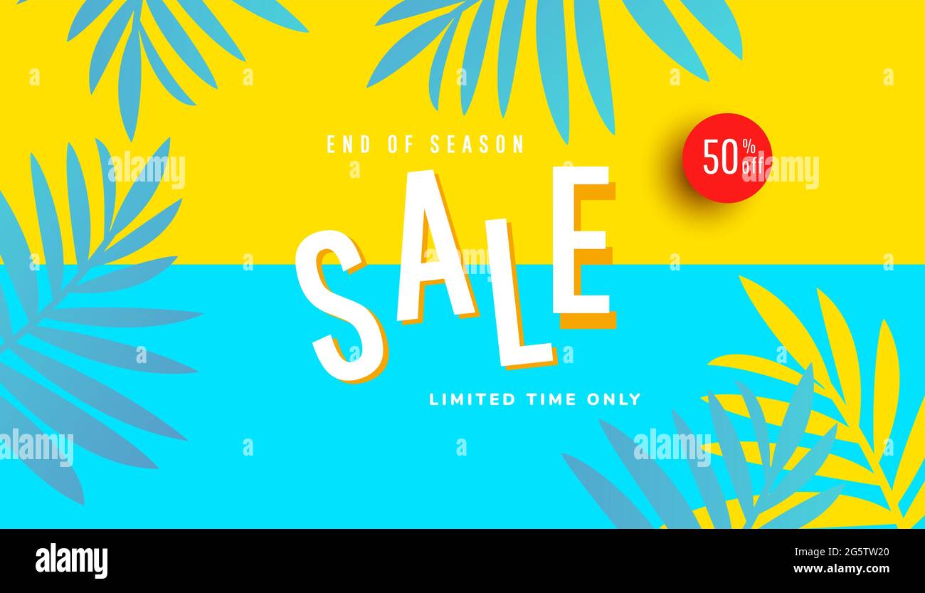 Banner di vendita estiva di fine stagione, poster sconto stagione calda su sfondo giallo. Banner promozionale per sito Web, volantino e poster Illustrazione Vettoriale