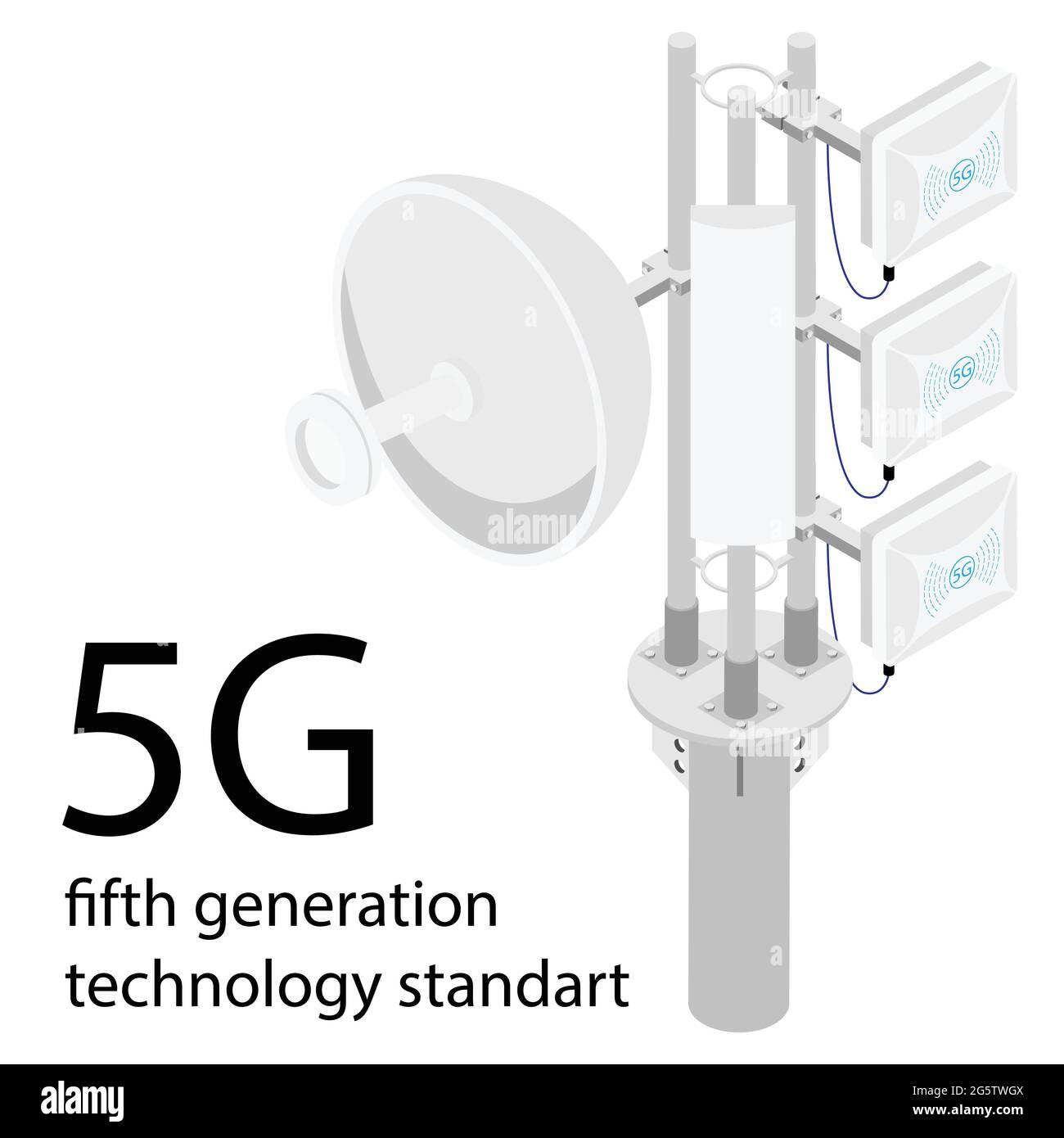 Antenna a torre per telecomunicazioni cellulari 4G e 5G. Rete radio con moduli radio e antenne intelligenti installate Illustrazione Vettoriale