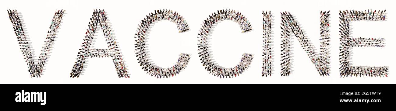 Concetto o grande comunità concettuale di persone che formano il messaggio VACCINO. metafora di illustrazione 3d per scienza, ricerca, vaccinazione, immunizzazione as Foto Stock