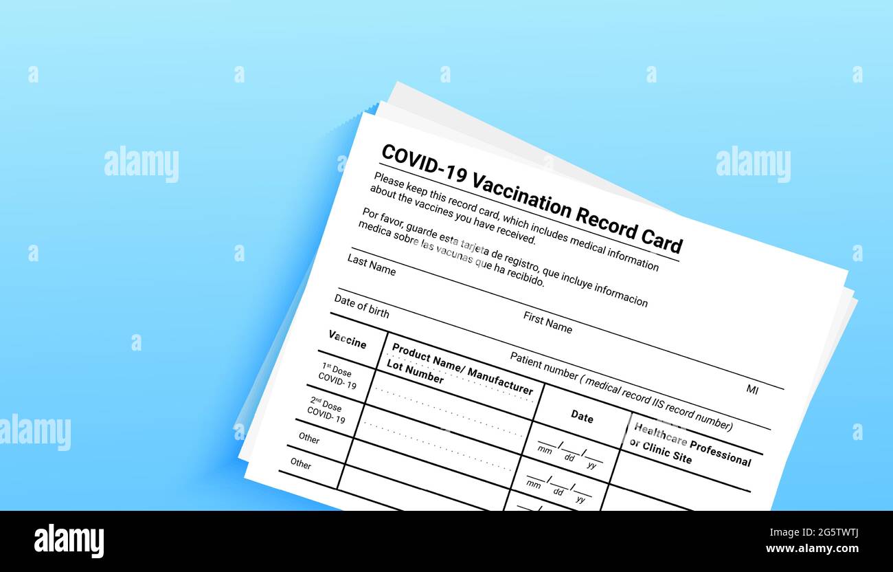 Scheda di registrazione della vaccinazione con coronavirus su sfondo blu con spazio di copia per viaggi e movimenti senza frontiere. Vista dall'alto. Concetto di Illustrazione Vettoriale