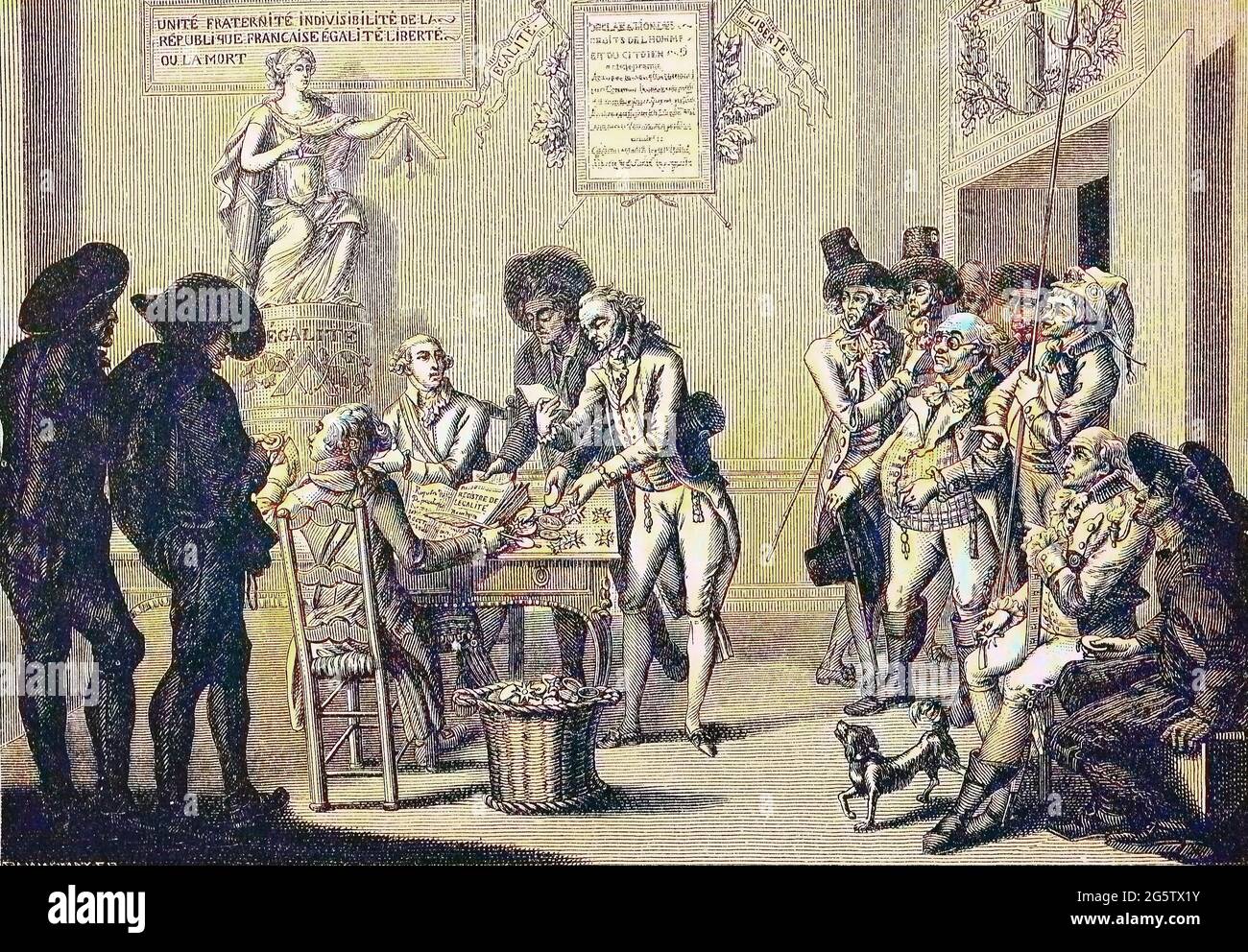 Rivoluzione francese, opuscolo relativo all'abolizione dell'Ordine, uguaglianza, 17 agosto 1793 / Revolution Franzoesische, Flugblatt betreffend die Abschaffung der Orden, Gleichheit, 17. Agosto 1793, Historisch, storico, digitale riproduzione migliorata di un originale del 19 ° secolo / digitale Reproduktion einer Originalvollage aus dem 19. Jahrhundert, , Koloriert, Kolorierung, koloriert, colorato Foto Stock