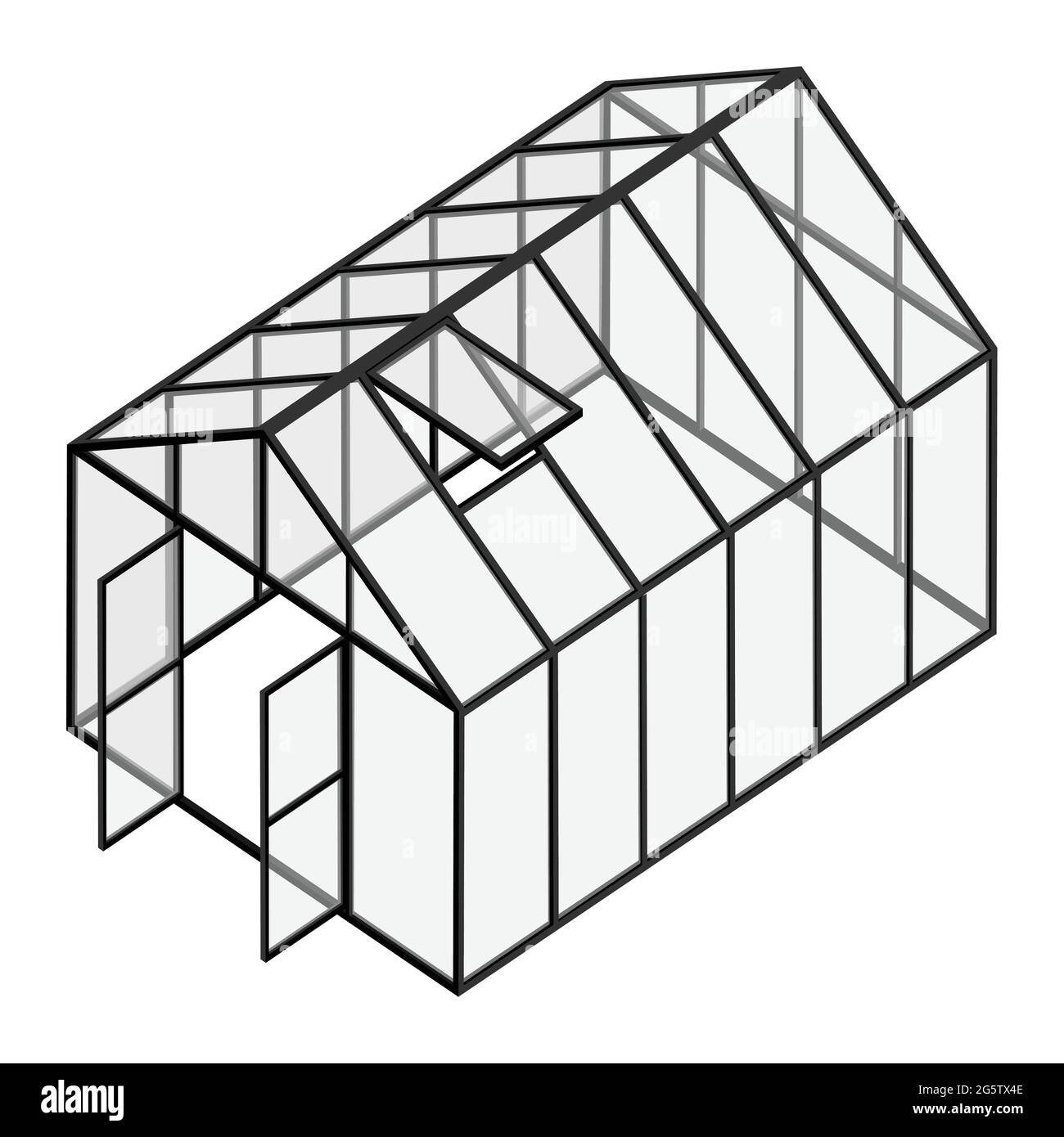 Serra vuota con la finestra aperta e la porta vista isometrica isolati su sfondo bianco. Casa di vetro. Illustrazione Vettoriale