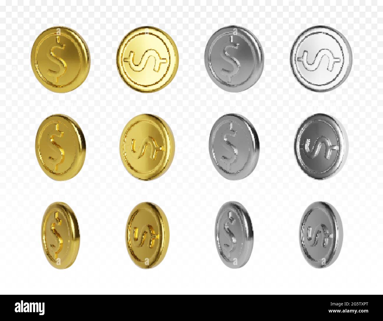 Set di monete d'oro e d'argento con simbolo del dollaro. Resa di denaro metallico a rotazione. Illustrazione vettoriale Illustrazione Vettoriale