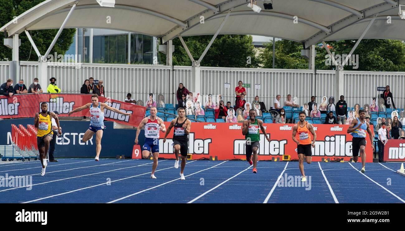 MANCHESTER - INGHILTERRA 25/27 GIU 21: Nethaneel Mitchell-Blake, Andrew Morgan-Harrison, Richard Kilty, Adam Gemili, Jona Efoloko, Tommy Ramdhan e Toby Foto Stock