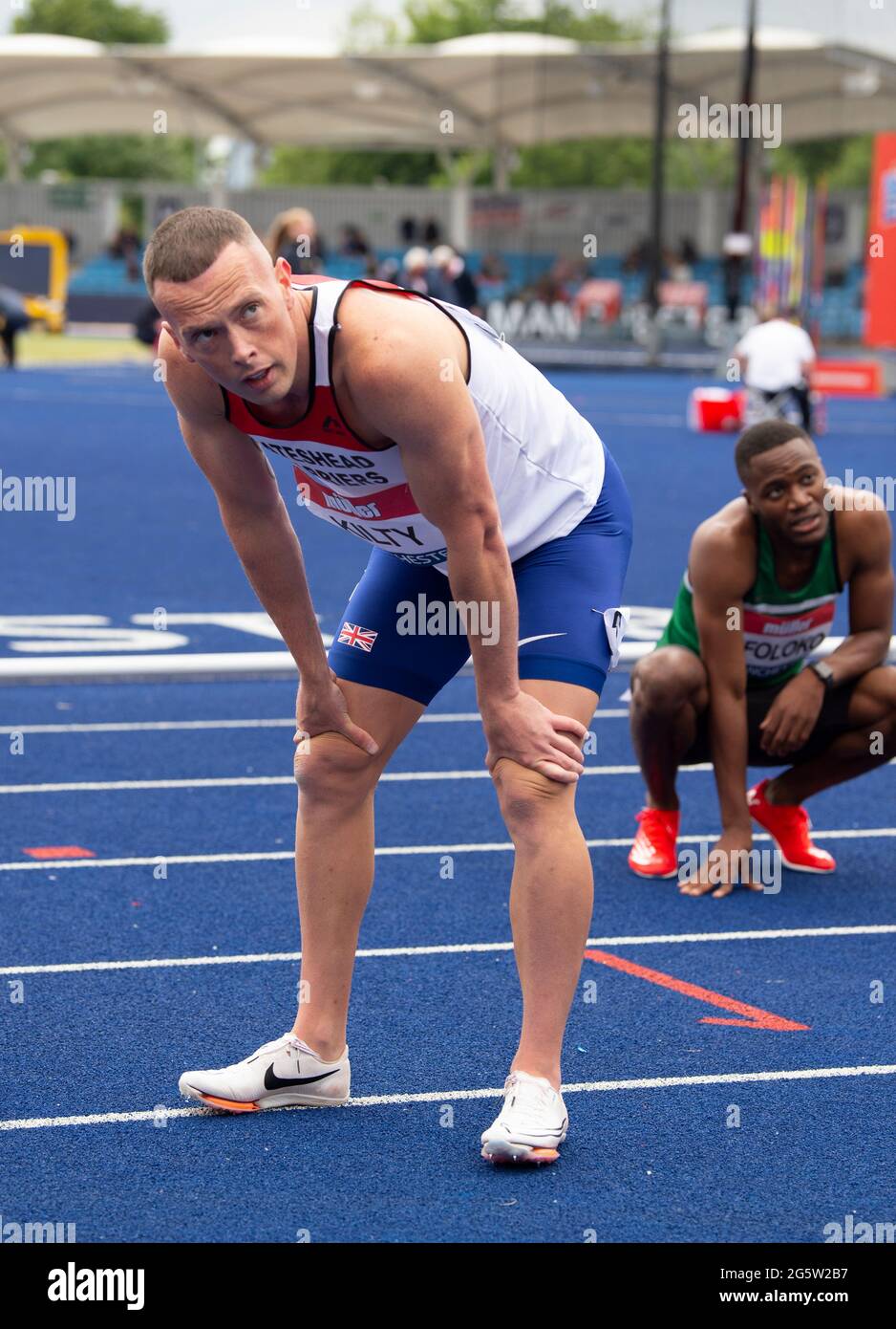 MANCHESTER - INGHILTERRA 25/27 GIU 21: Richard Kilty gareggia nella finale di 200m al Muller British Athletics Championships al Manchester Regional Foto Stock