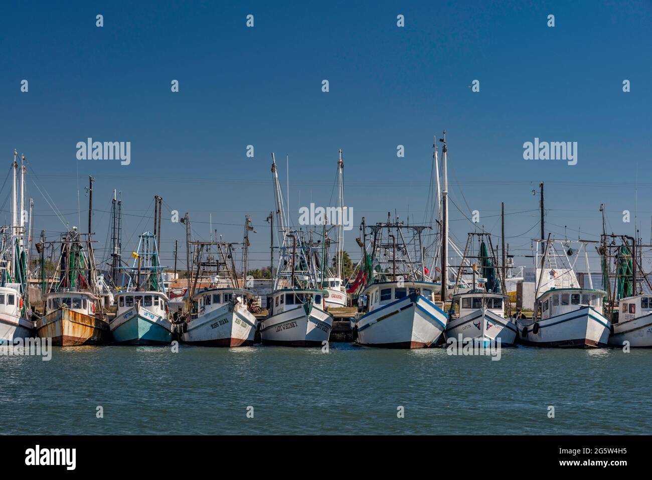 Barche di gamberi al porto di Palacios, Texas, Stati Uniti Foto Stock