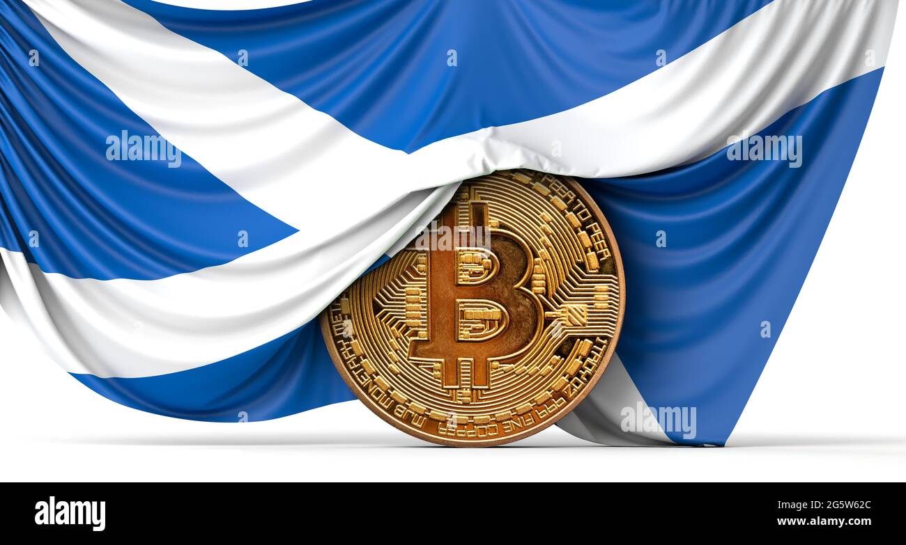 La bandiera scozzese si è avuta sopra una moneta di criptovaluta bitcoin. Rendering 3D Foto Stock