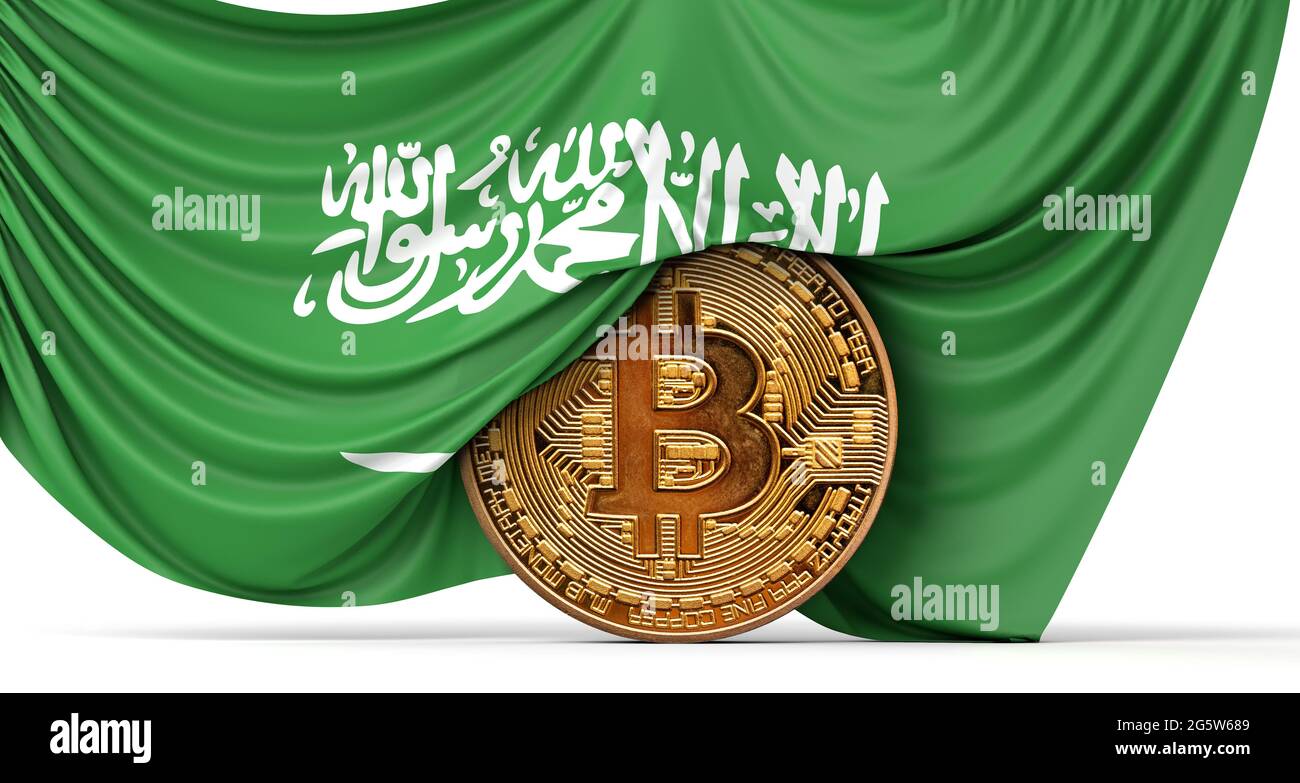 La bandiera dell'Arabia Saudita era avvolta su una moneta di criptovaluta bitcoin. Rendering 3D Foto Stock